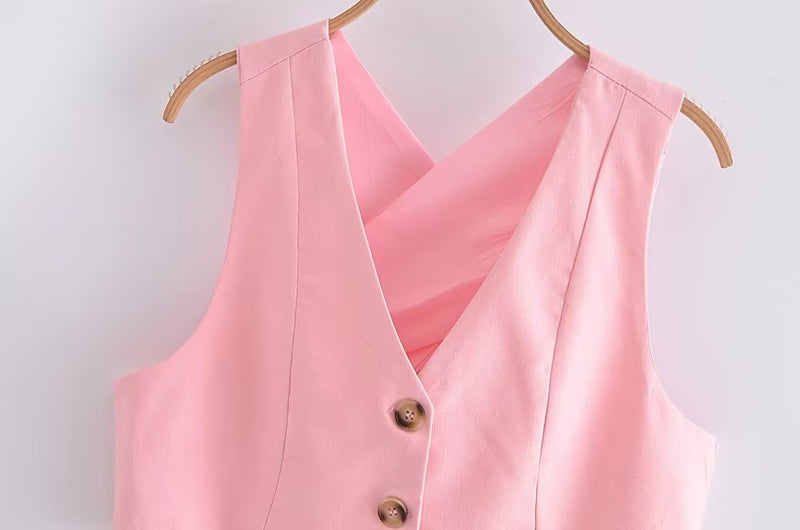 Clothing French All Match Decorated Row Button Vest Top Wide Leg Pants Suit Crisscross