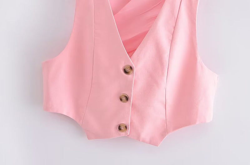 Clothing French All Match Decorated Row Button Vest Top Wide Leg Pants Suit Crisscross