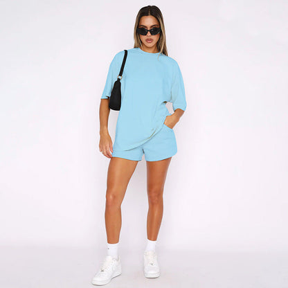 Color Round Neck Half Sleeve Pullover Top Clothing Shorts Suit Summer