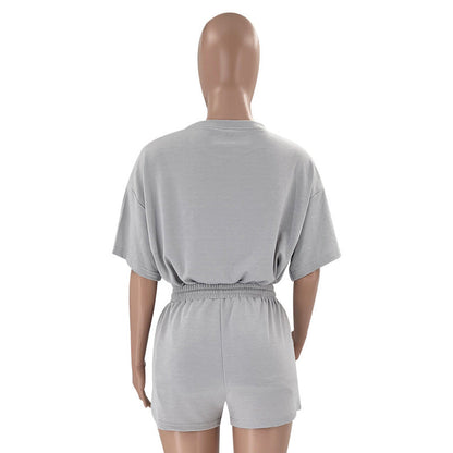 Color Round Neck Half Sleeve Pullover Top Clothing Shorts Suit Summer