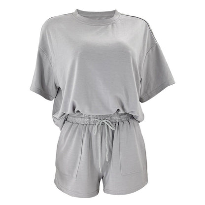 Color Round Neck Half Sleeve Pullover Top Clothing Shorts Suit Summer