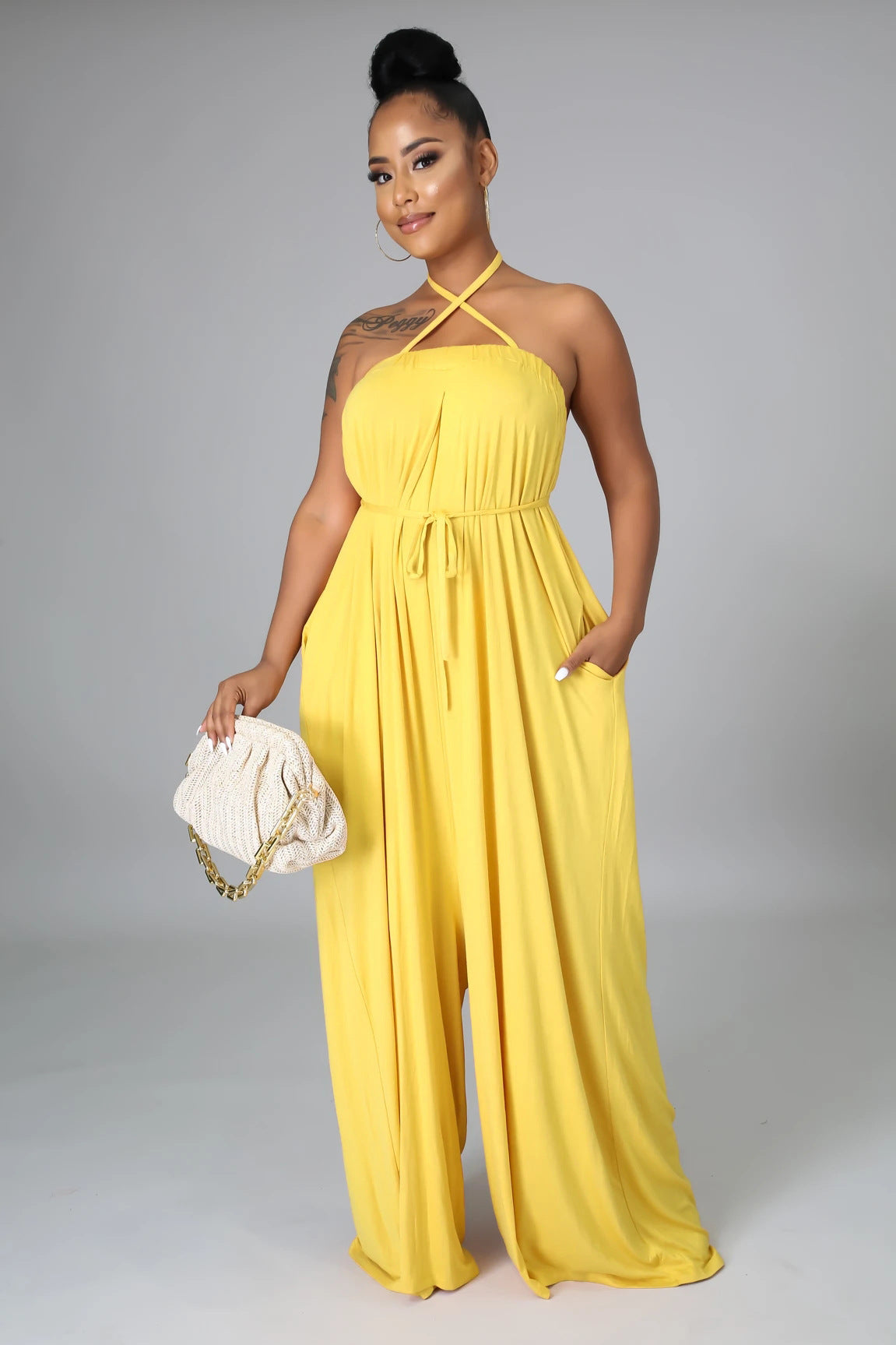 Color Summer Sleeveless Waist Wrapped Chest Loose Wide Leg Jumpsuit