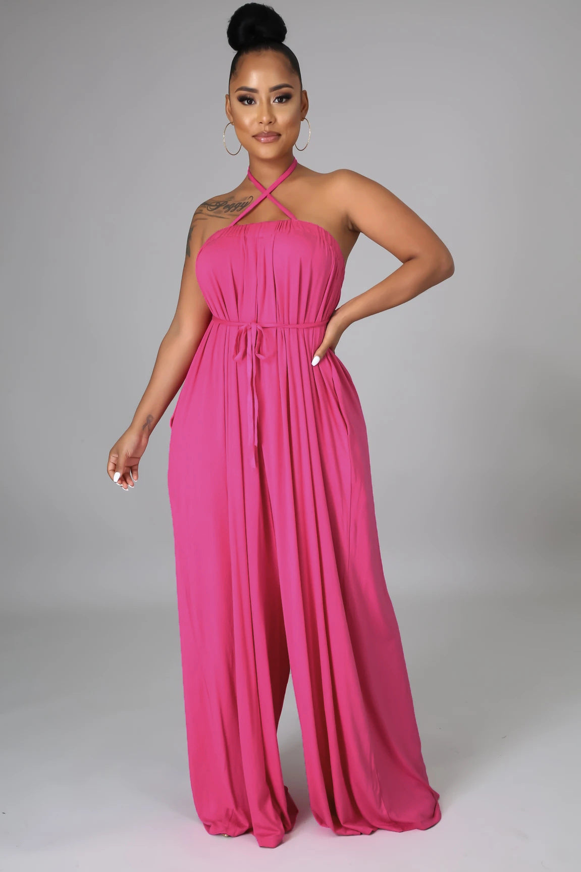 Color Summer Sleeveless Waist Wrapped Chest Loose Wide Leg Jumpsuit