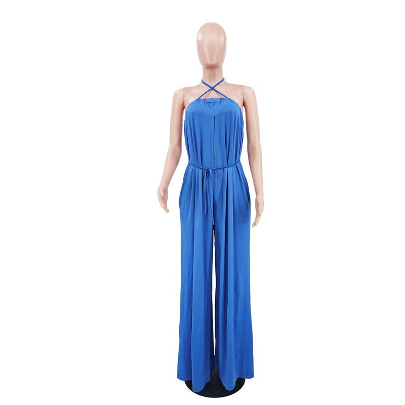 Color Summer Sleeveless Waist Wrapped Chest Loose Wide Leg Jumpsuit