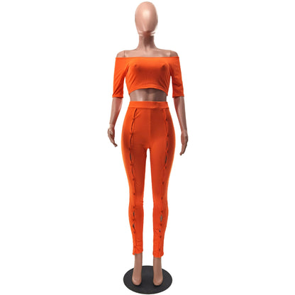 Clothing Summer Suit Off the Shoulder Button Two Piece Pants