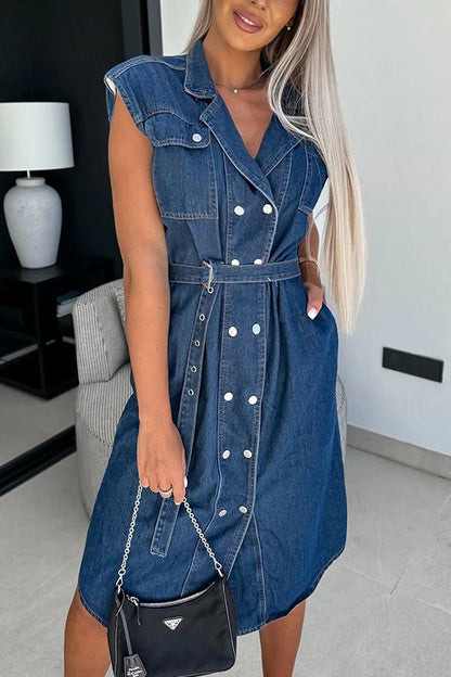 Color Lapel Sleeveless Button Pocket Waist Tie Denim Midi Dress