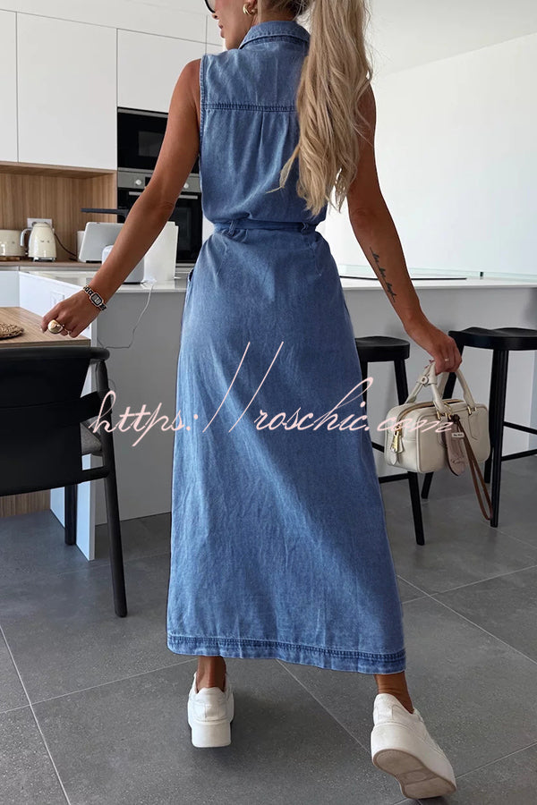 Color Sleeveless Single Breasted Waist Tie Pocket Denim Midi Dress