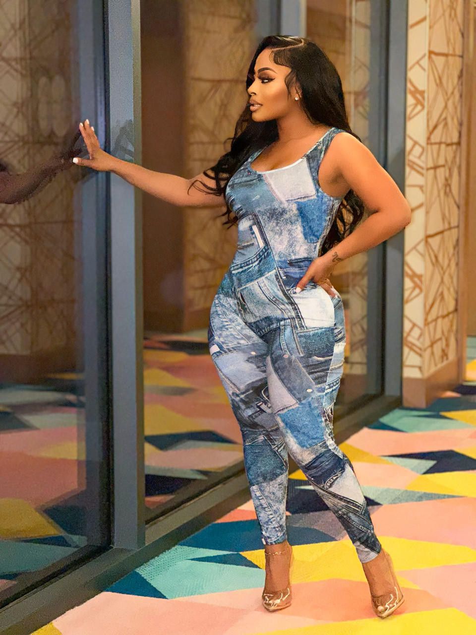Clothing Summer Imitation Denim Printed Slim Fitting Suspenders Vest Jumpsuit