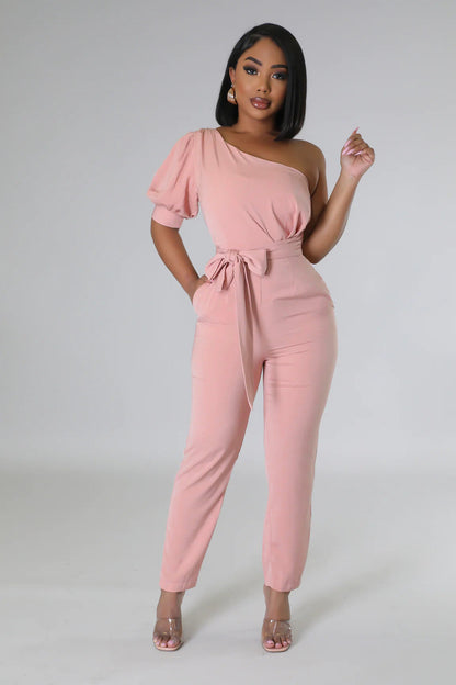 One Shoulder High Waist Backless Slim Tapered Trousers Jumpsuit