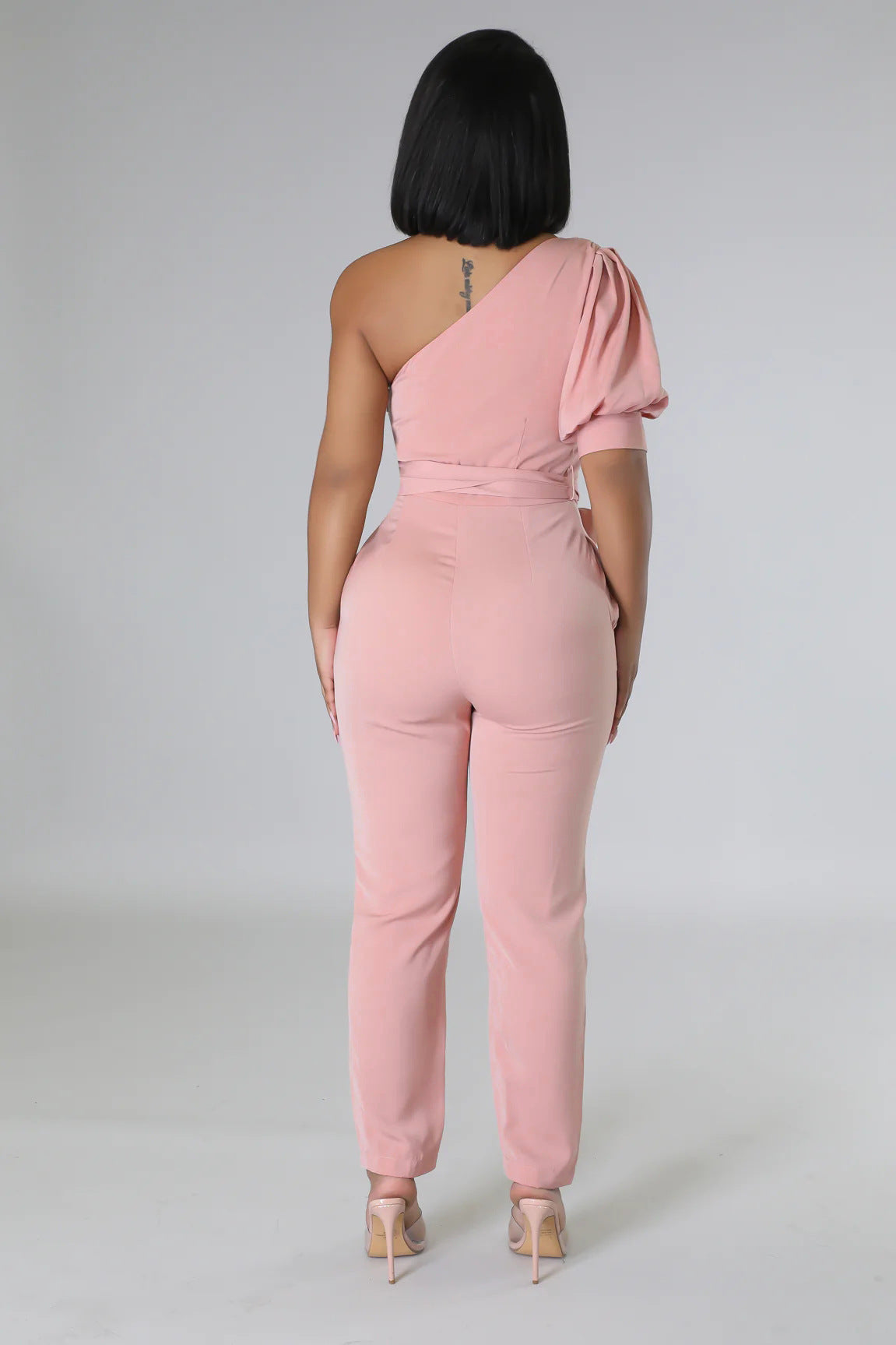 One Shoulder High Waist Backless Slim Tapered Trousers Jumpsuit