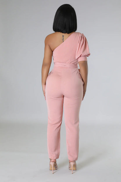One Shoulder High Waist Backless Slim Tapered Trousers Jumpsuit