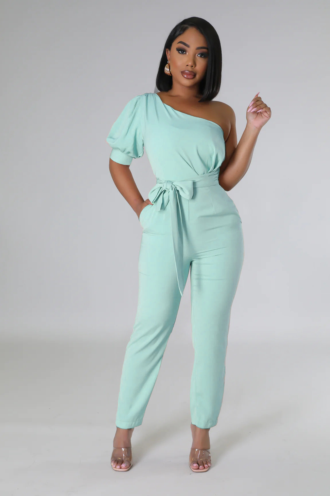 One Shoulder High Waist Backless Slim Tapered Trousers Jumpsuit