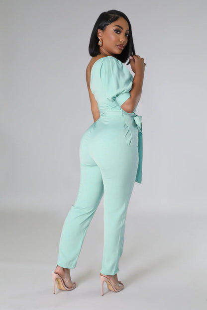 One Shoulder High Waist Backless Slim Tapered Trousers Jumpsuit