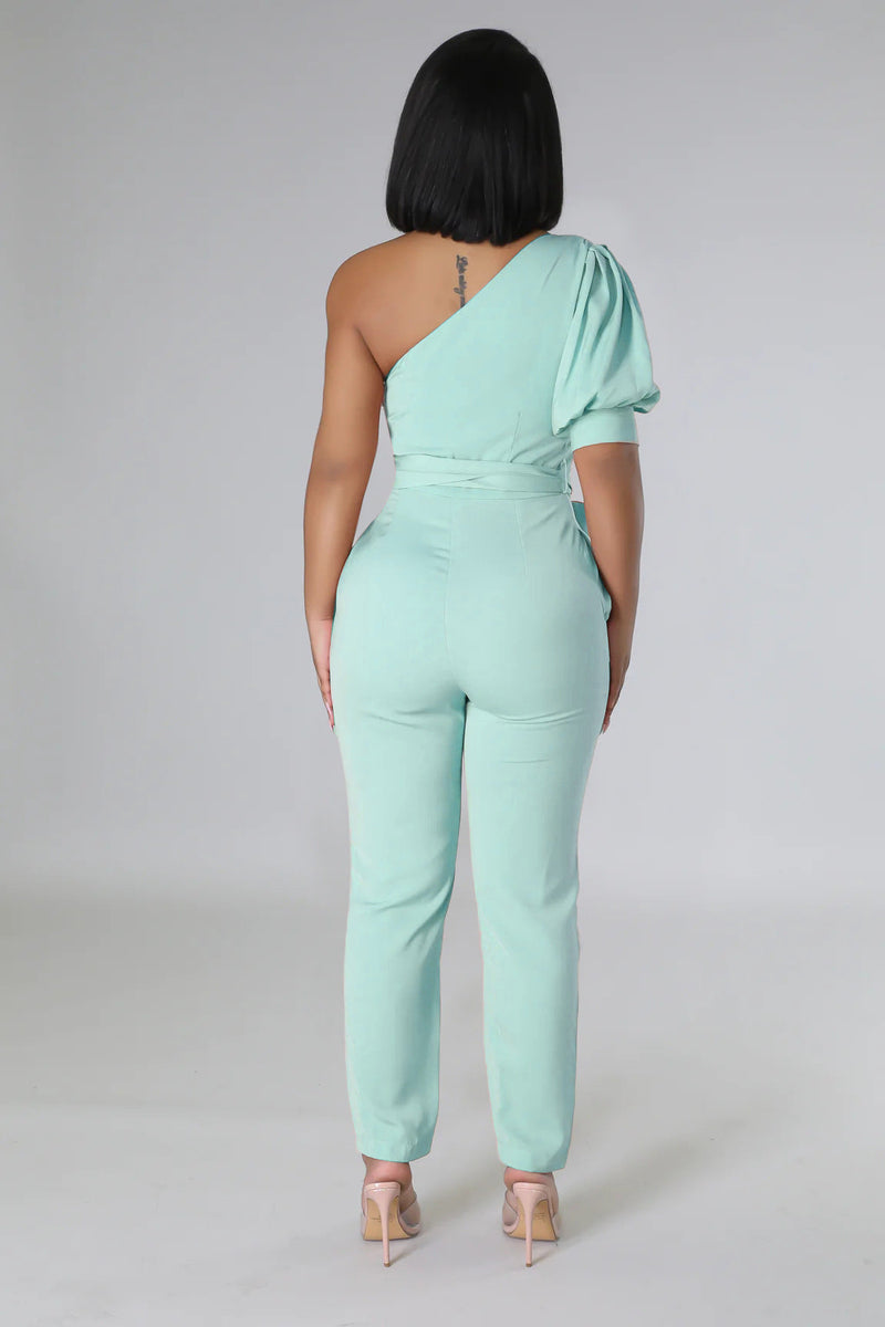 One Shoulder High Waist Backless Slim Tapered Trousers Jumpsuit