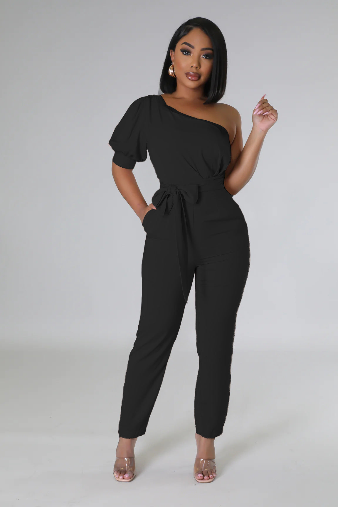 One Shoulder High Waist Backless Slim Tapered Trousers Jumpsuit