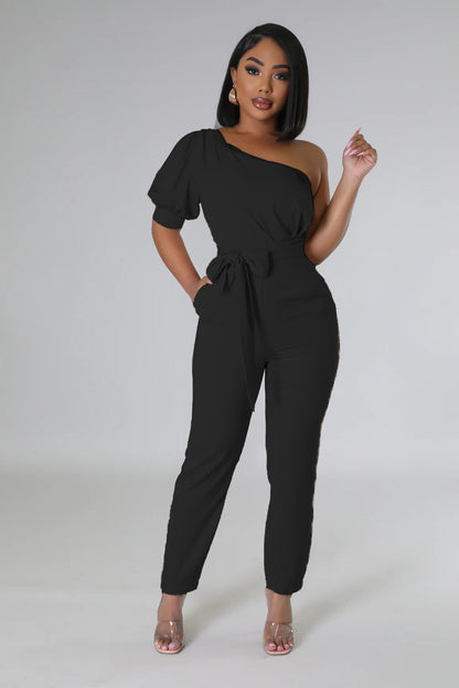 One Shoulder High Waist Backless Slim Tapered Trousers Jumpsuit