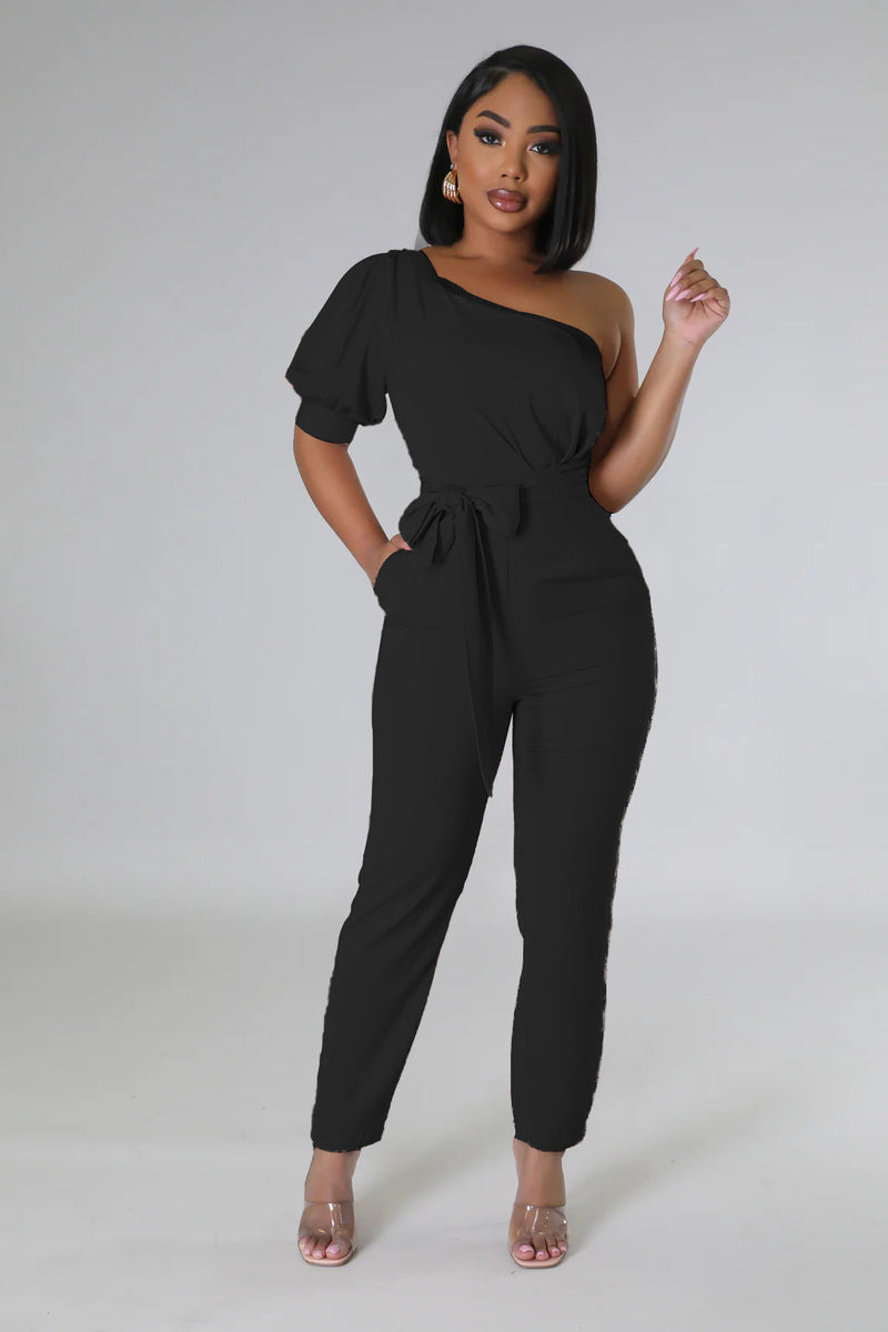 One Shoulder High Waist Backless Slim Tapered Trousers Jumpsuit