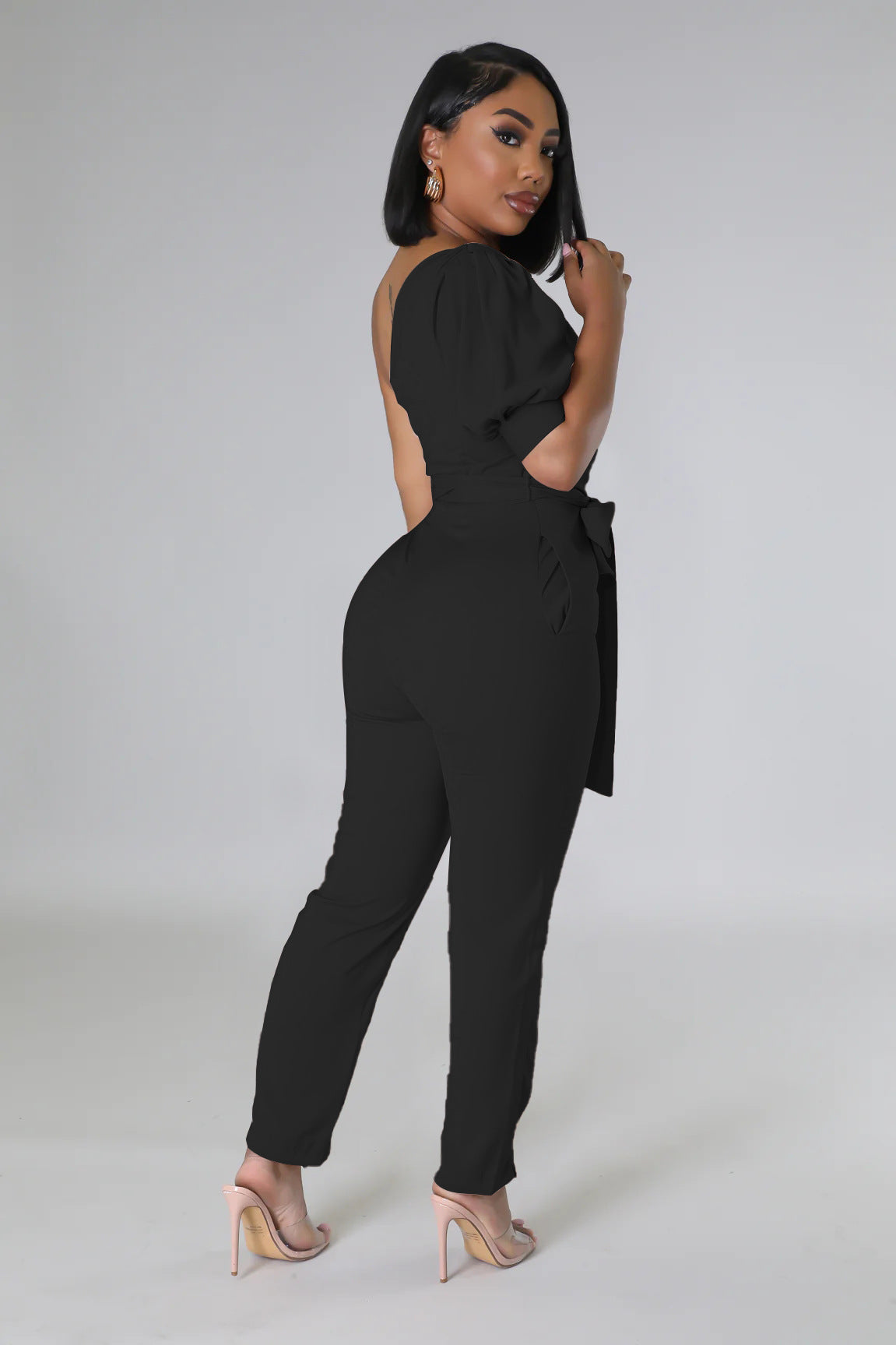 One Shoulder High Waist Backless Slim Tapered Trousers Jumpsuit