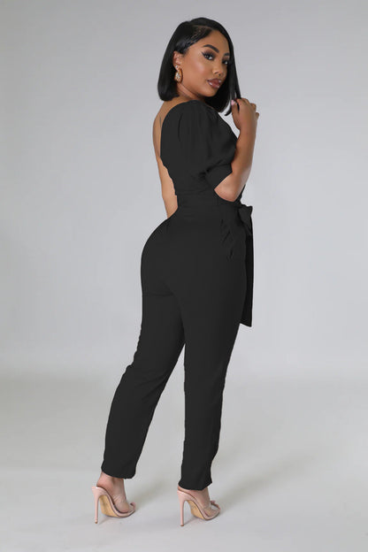 One Shoulder High Waist Backless Slim Tapered Trousers Jumpsuit