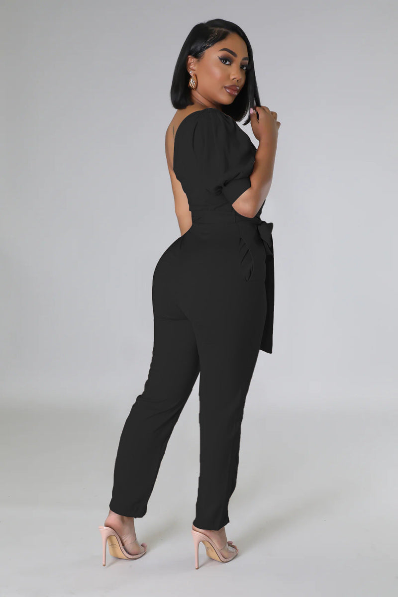 One Shoulder High Waist Backless Slim Tapered Trousers Jumpsuit