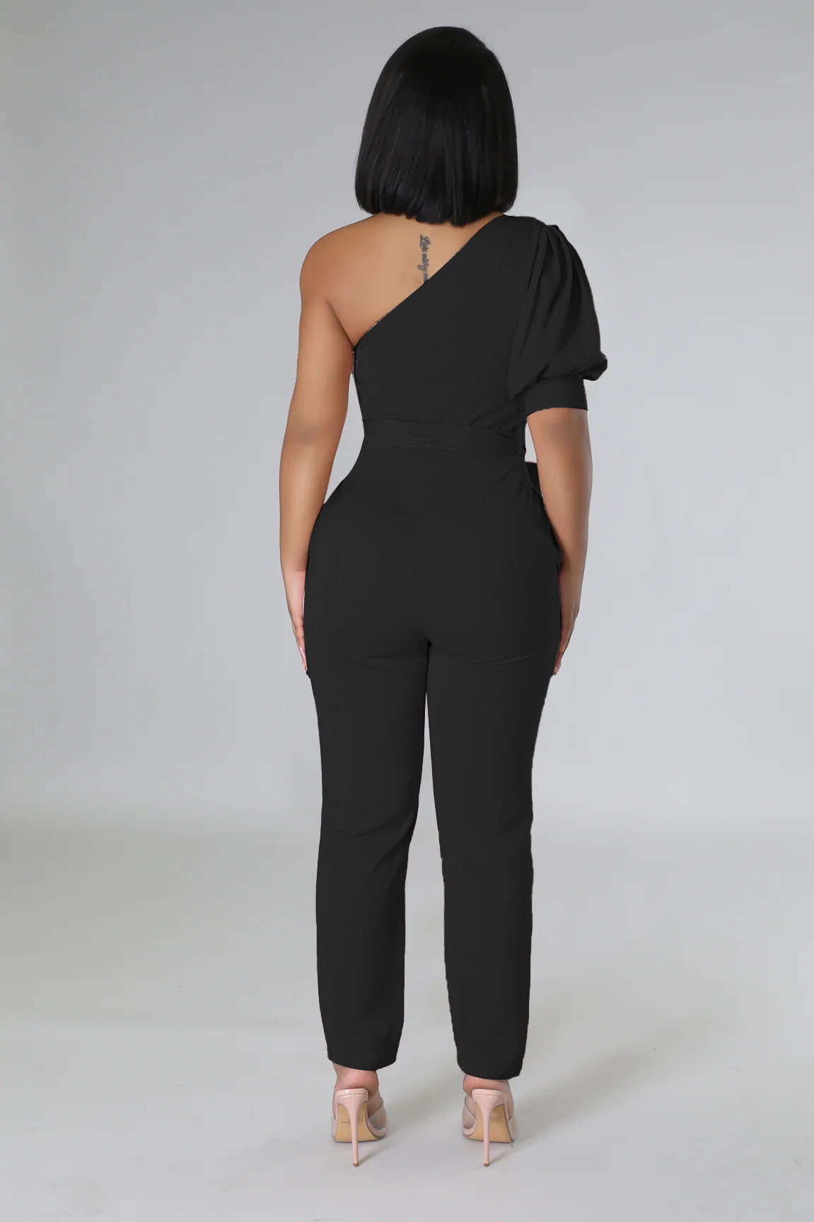 One Shoulder High Waist Backless Slim Tapered Trousers Jumpsuit