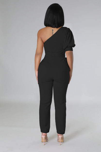 One Shoulder High Waist Backless Slim Tapered Trousers Jumpsuit
