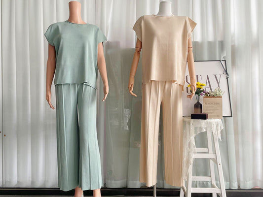 Summer Color Sleeveless Vest Sweater Wide Leg Pants Ice Silk Sets