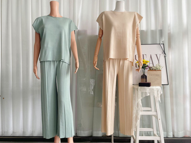 Summer Color Sleeveless Vest Sweater Wide Leg Pants Ice Silk Sets