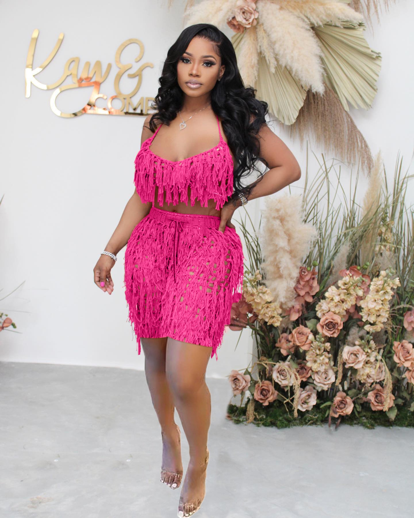 See Through Knitted Hand Crochet Tassel Beach Shorts Suit