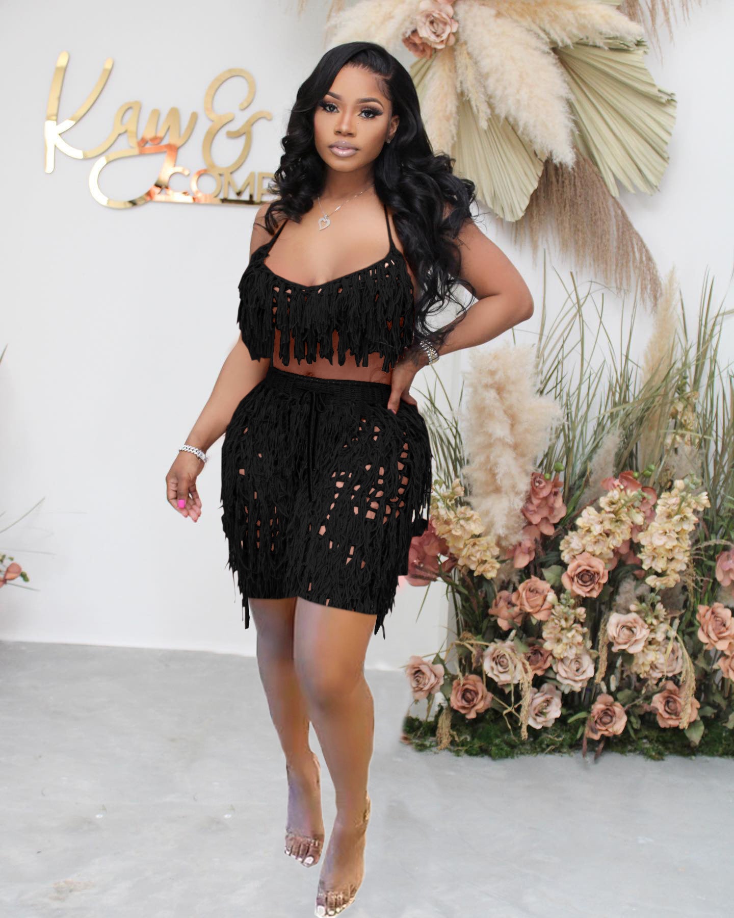 See Through Knitted Hand Crochet Tassel Beach Shorts Suit