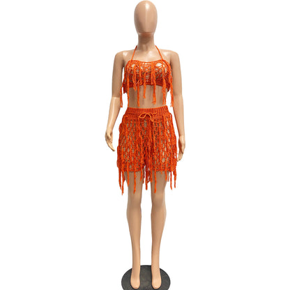See Through Knitted Hand Crochet Tassel Beach Shorts Suit