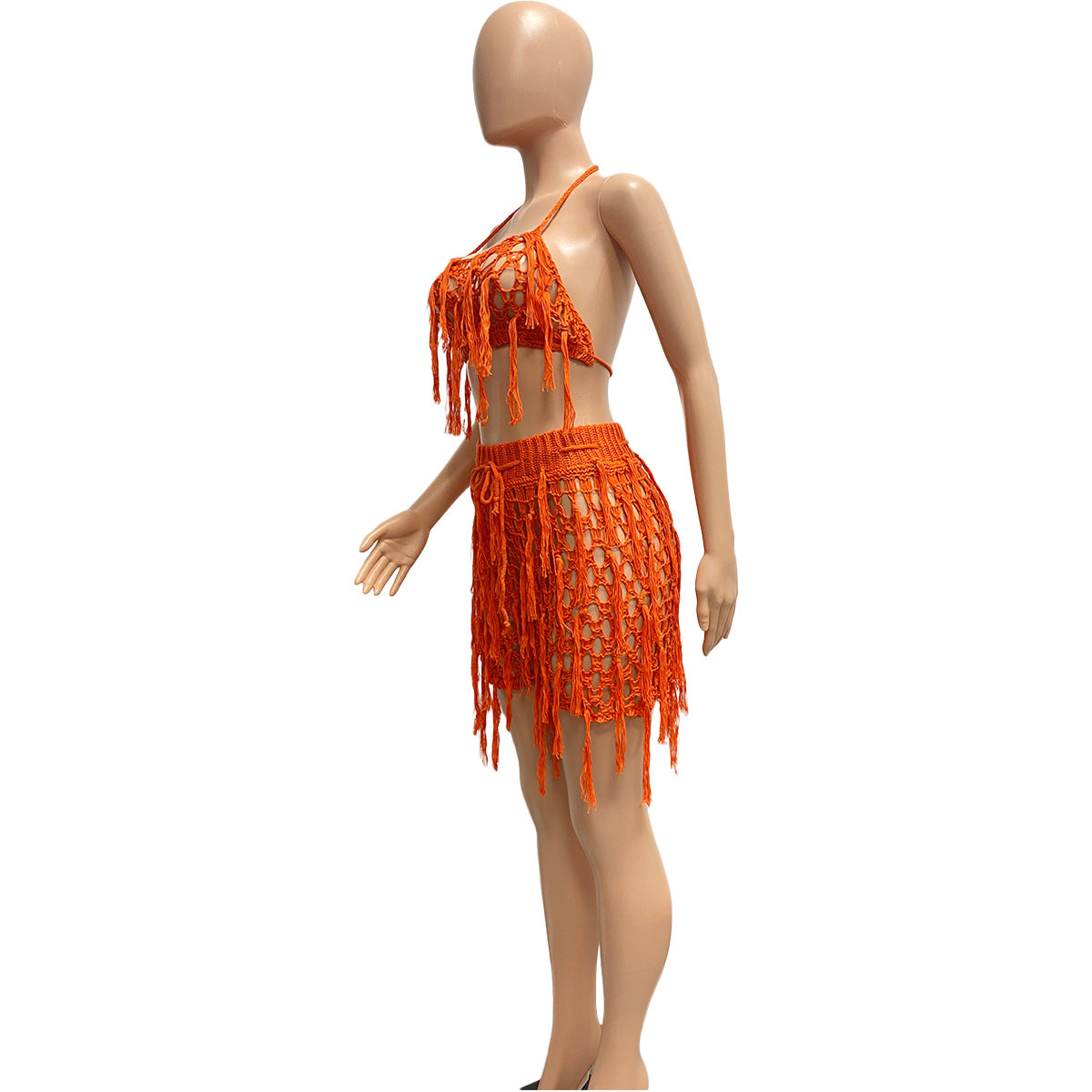 See Through Knitted Hand Crochet Tassel Beach Shorts Suit