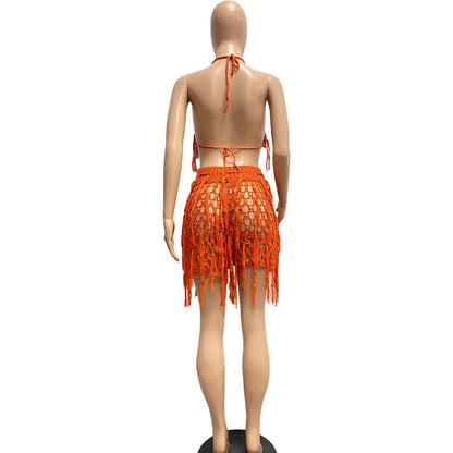 See Through Knitted Hand Crochet Tassel Beach Shorts Suit