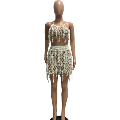 See Through Knitted Hand Crochet Tassel Beach Shorts Suit