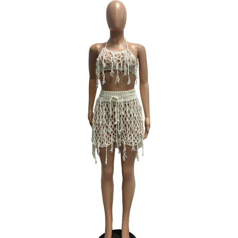 See Through Knitted Hand Crochet Tassel Beach Shorts Suit