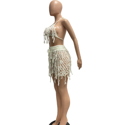 See Through Knitted Hand Crochet Tassel Beach Shorts Suit