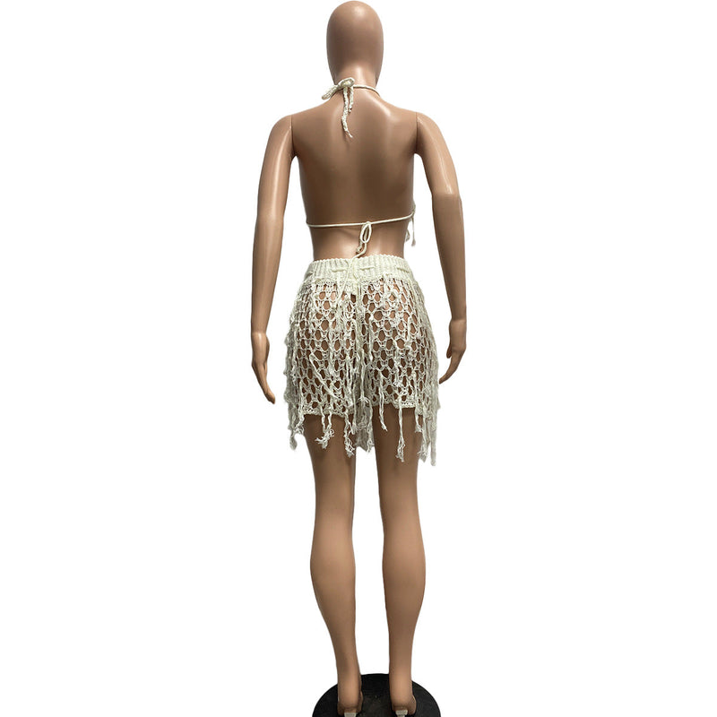 See Through Knitted Hand Crochet Tassel Beach Shorts Suit