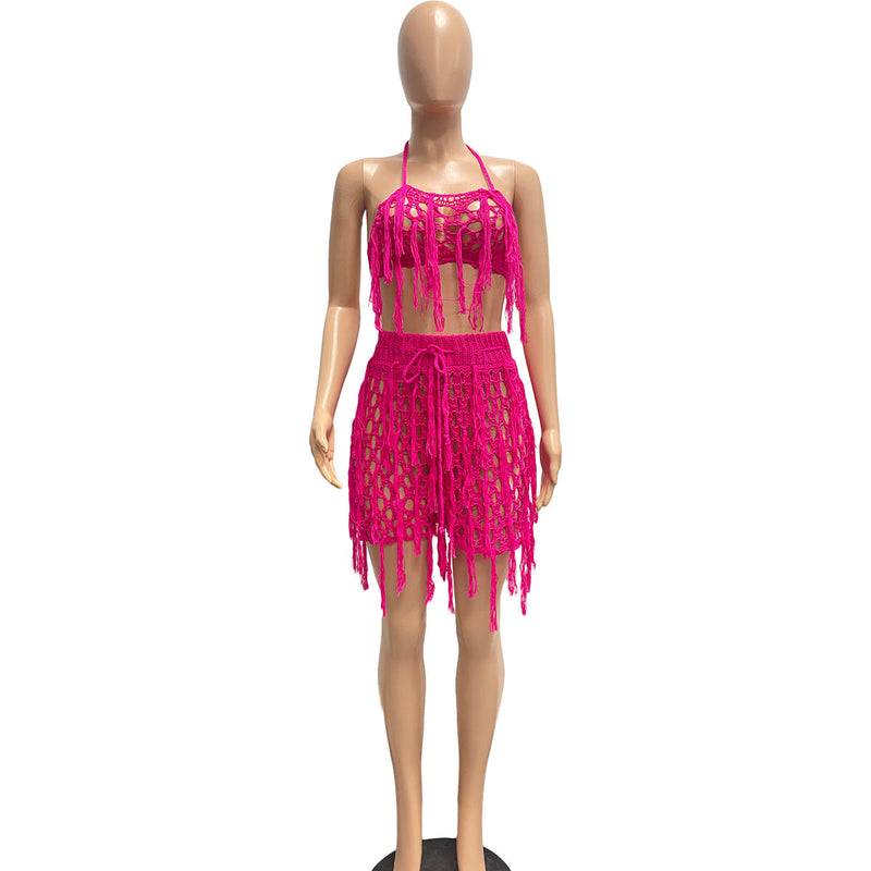 See Through Knitted Hand Crochet Tassel Beach Shorts Suit