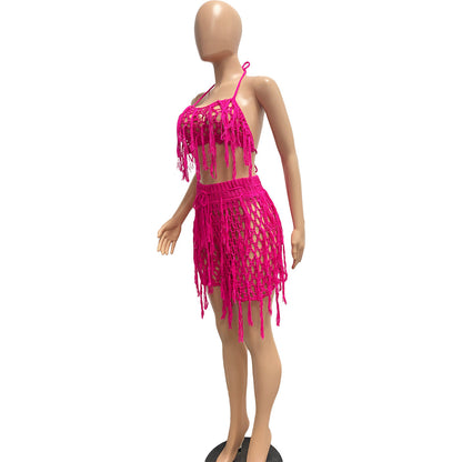 See Through Knitted Hand Crochet Tassel Beach Shorts Suit