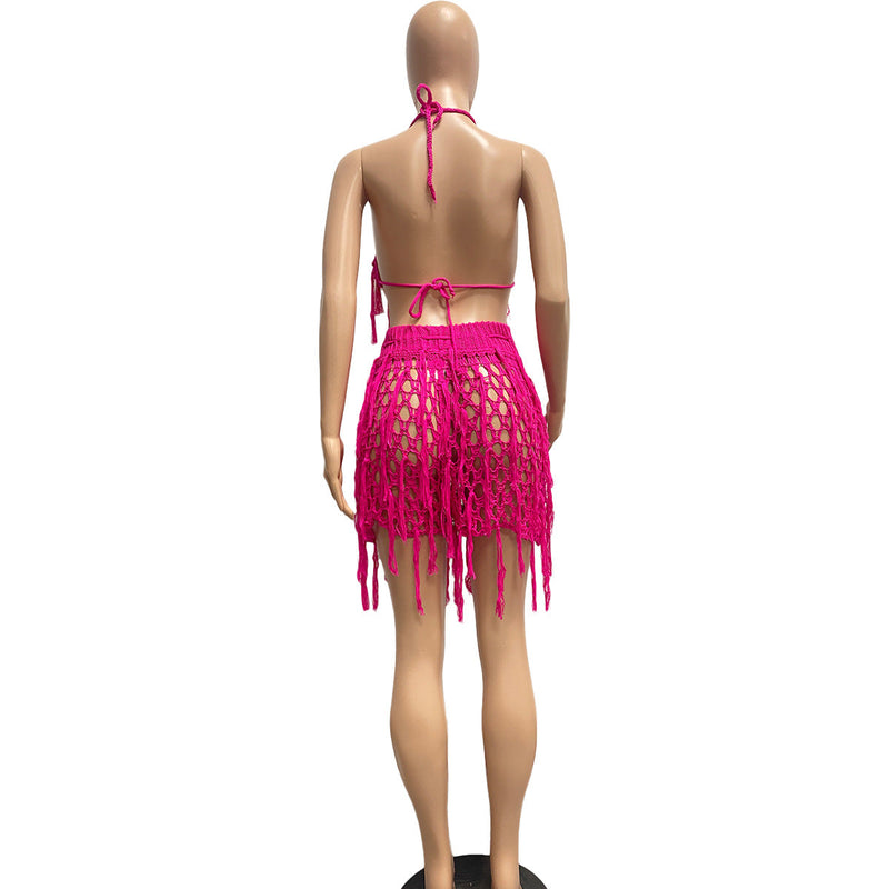 See Through Knitted Hand Crochet Tassel Beach Shorts Suit
