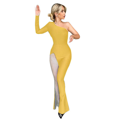 Autumn Clothing Color Shoulder Mesh Stitching Jumpsuit
