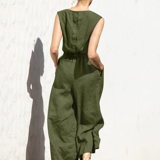 Summer Color High Waist Sleeveless Slimming Trousers Loose Jumpsuit