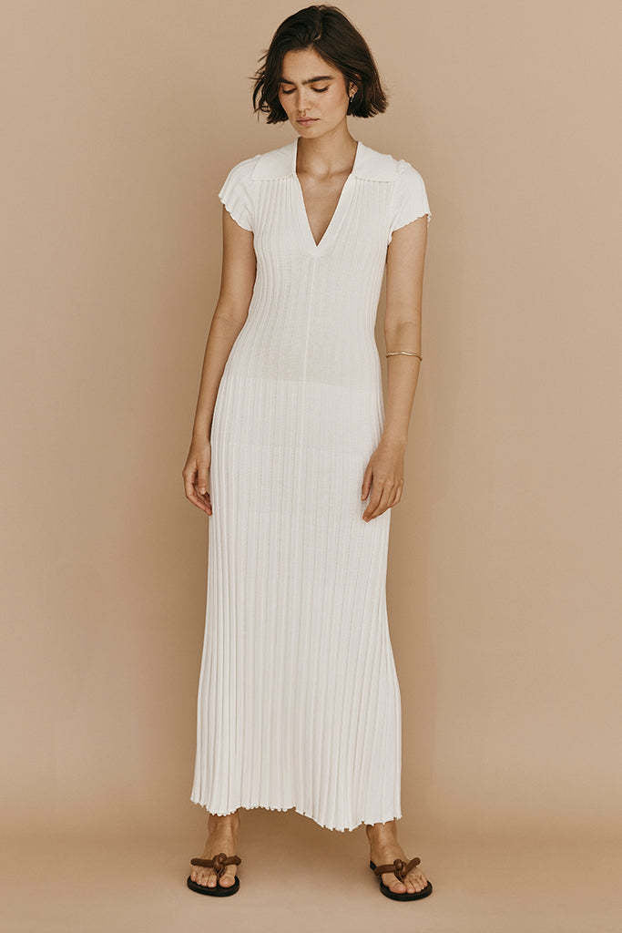 Spring Summer Knitted Dress Waist Tight Collared V Neck Sunken Stripe Slimming Knitted Maxi Dress