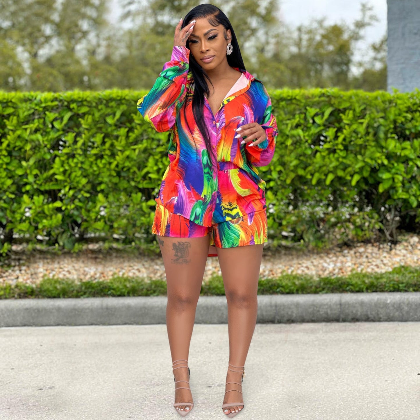 Print Long Sleeve Shorts Two Piece Clothing