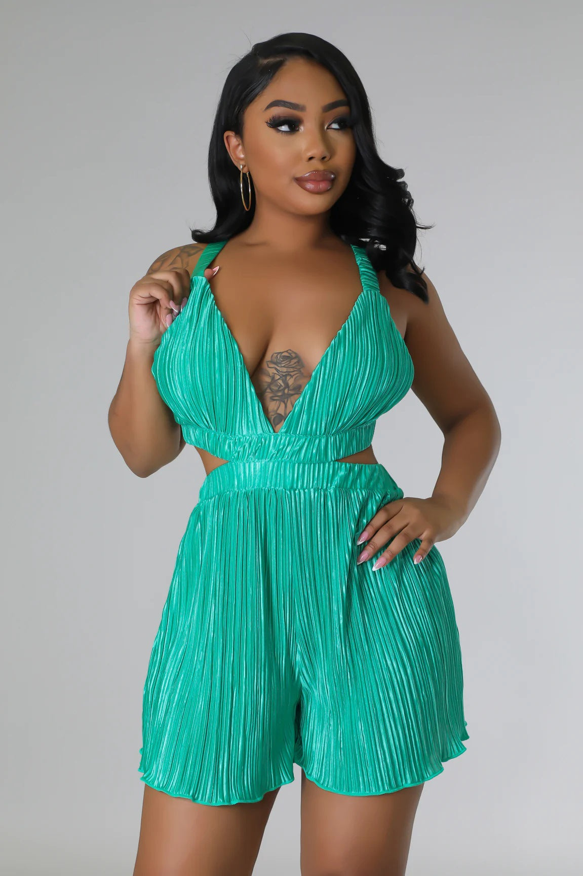 Clothing Summer Sleeveless V Neck Folding Suspender Jumpsuit