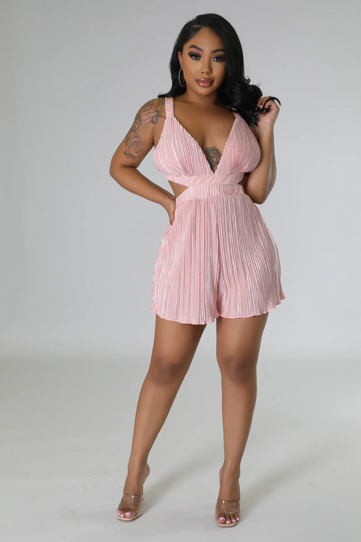 Clothing Summer Sleeveless V Neck Folding Suspender Jumpsuit