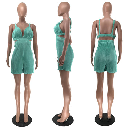 Clothing Summer Sleeveless V Neck Folding Suspender Jumpsuit