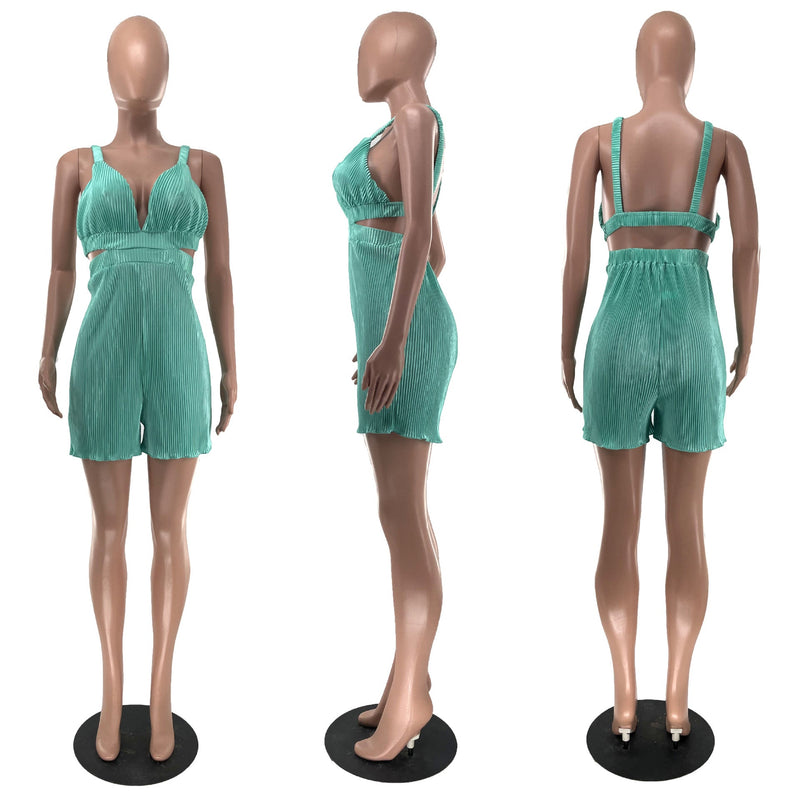 Clothing Summer Sleeveless V Neck Folding Suspender Jumpsuit