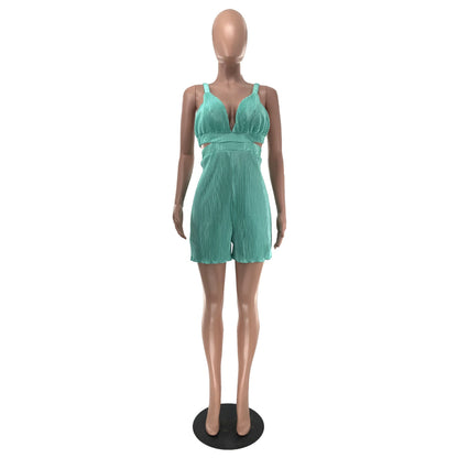 Clothing Summer Sleeveless V Neck Folding Suspender Jumpsuit