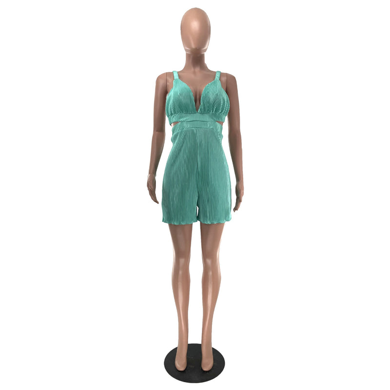 Clothing Summer Sleeveless V Neck Folding Suspender Jumpsuit